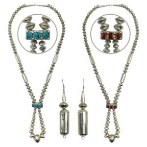 Vintage Mexican Sterling Silver Reversible Necklace Earring Set Turquoise Coral